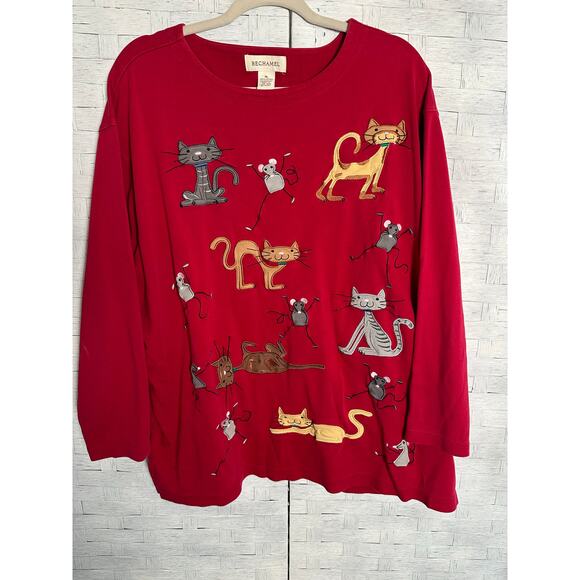 Bechamel Tops - Bechamel women’s long sleeve T-shirt, embroidered applicant, cats and mice